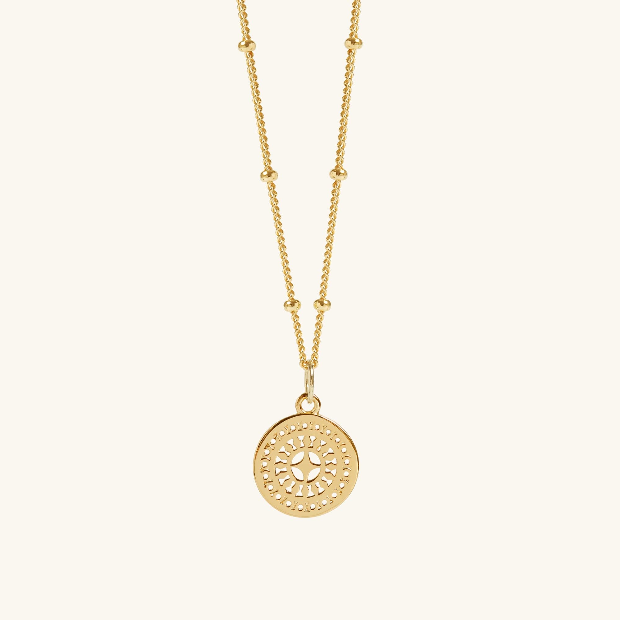 Mini Ancient Sun Pendant Bead Chain Necklace Gold