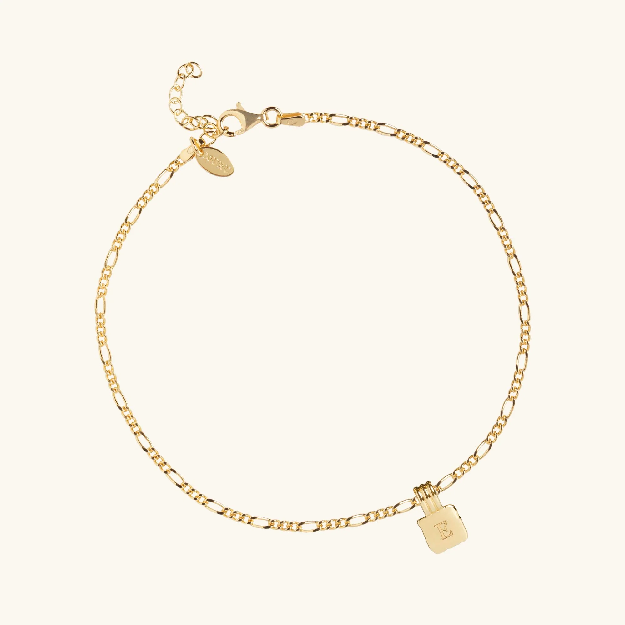Initial Square Charm Figaro Chain Anklet Gold