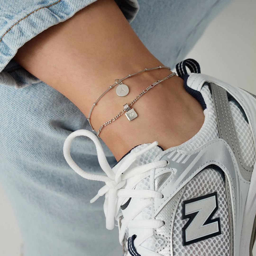 Initial Square Charm Figaro Chain Anklet Gold - Image 3