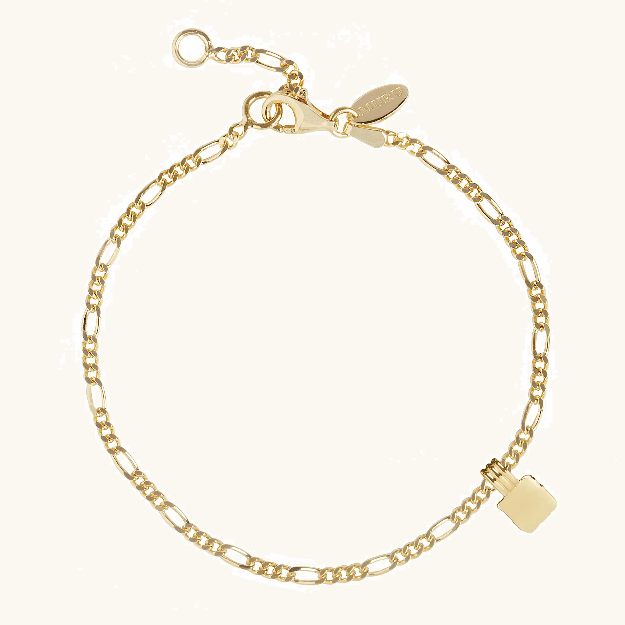 Initial Square Charm Figaro Chain Bracelet Gold