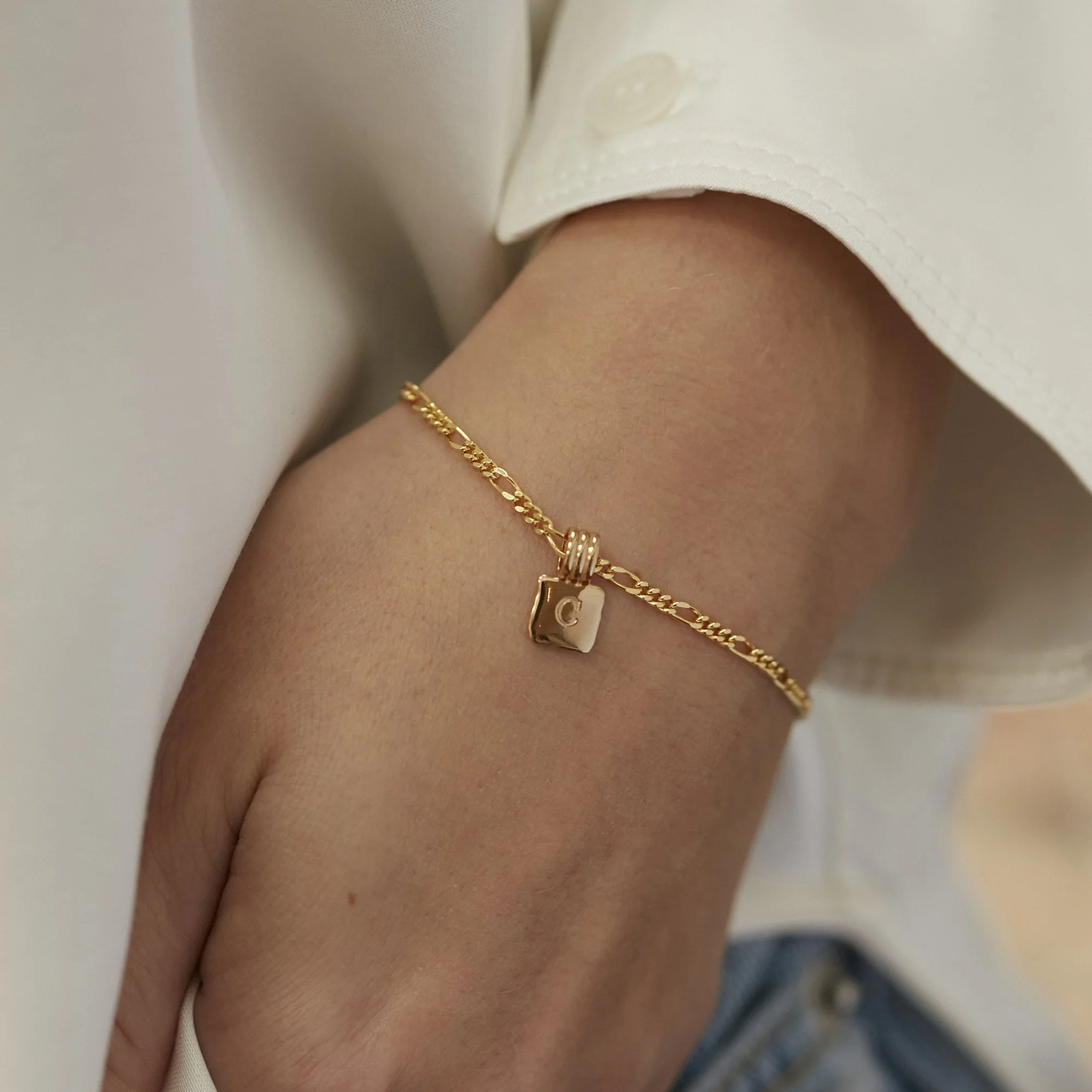 Initial Square Charm Figaro Chain Bracelet Gold - Image 2
