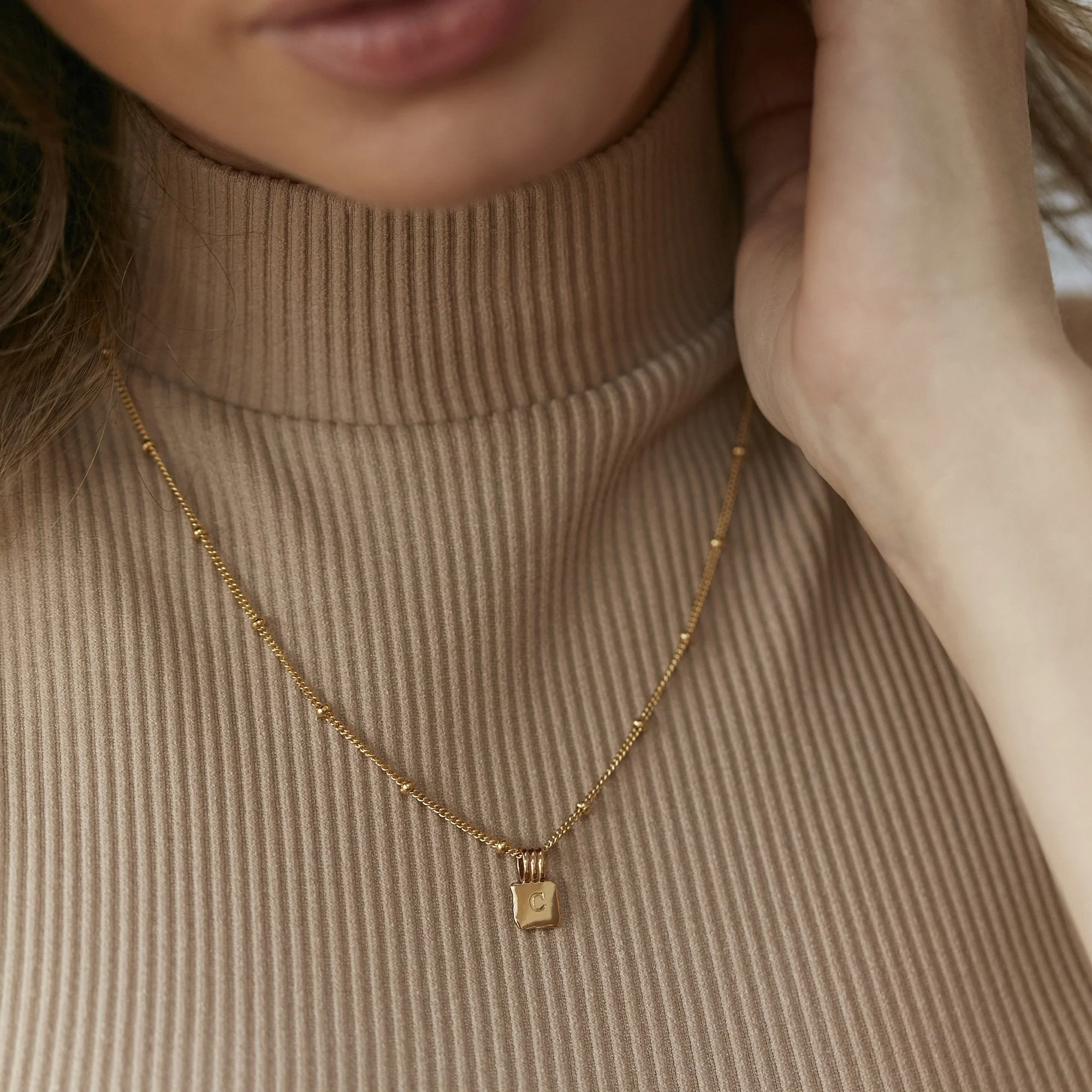 Mini Initial Square Charm Necklace Gold With Bead Chain - Image 3