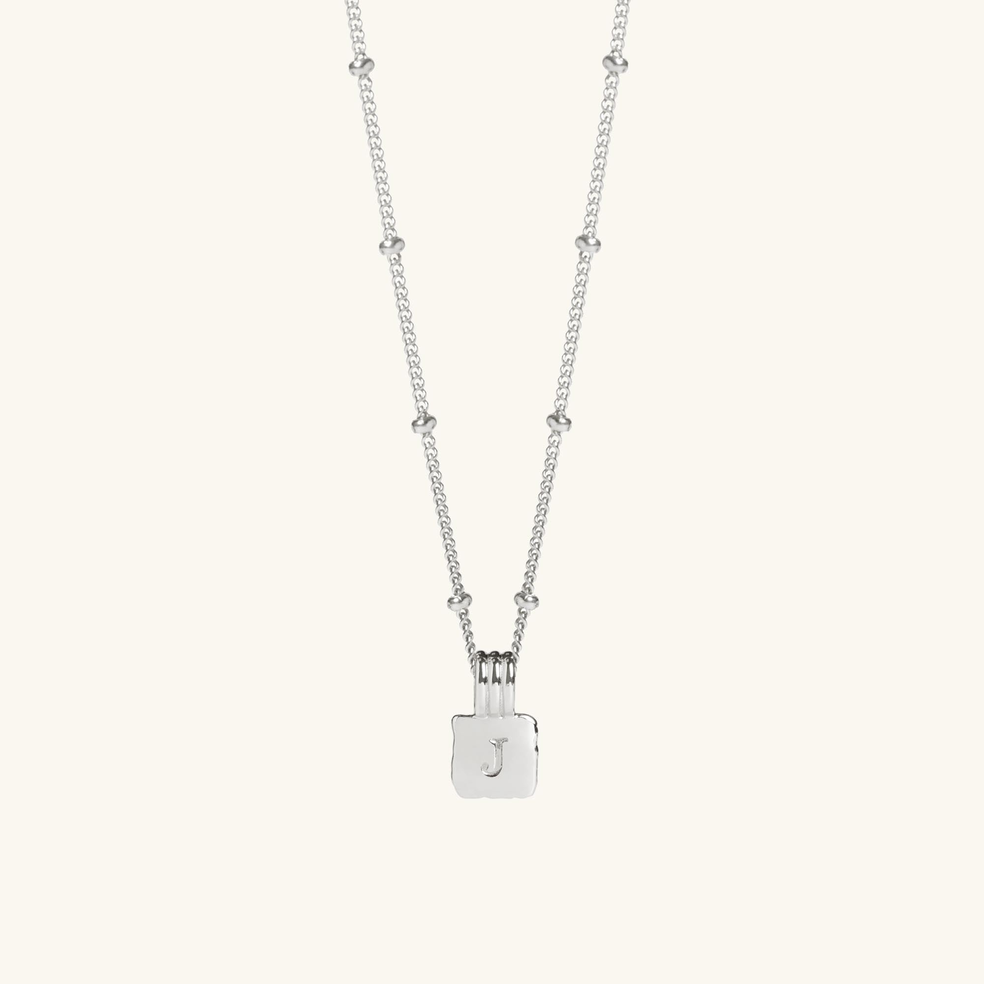 Mini Initial Square Charm Necklace Silver With Bead Chain